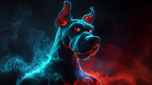 Stoic neon hound emerges from swirling red and blue smoke