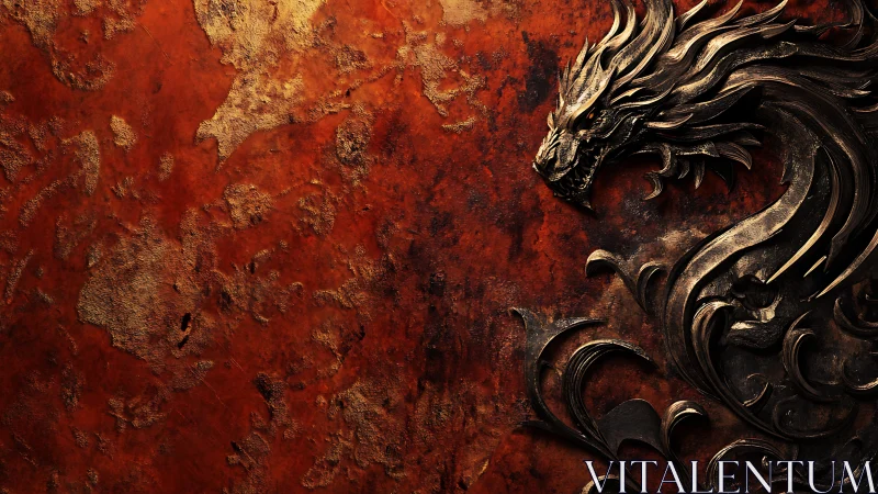 Embossed metallic dragon relief on corroded ferrous substrate.