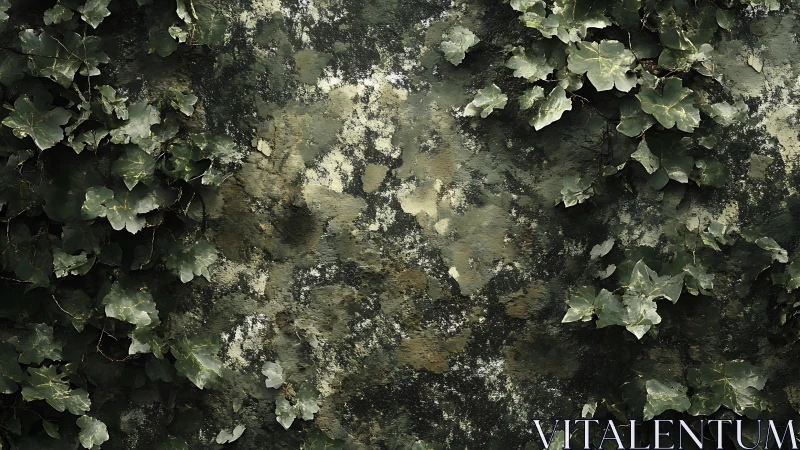 Ivy colonization across weathered, lichen-patched stone wall.