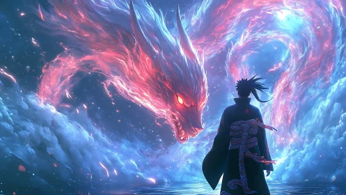 Celestial energy dragon confronting cloaked warrior in nebula sky