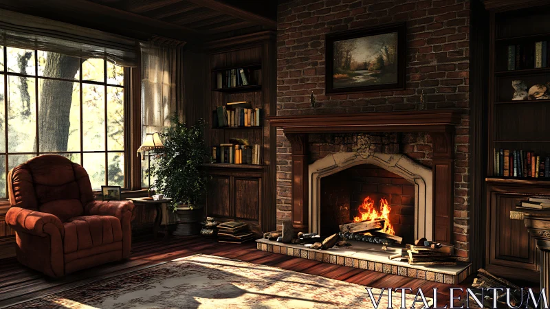Cozy brick library interior with armchair and lit fireplace