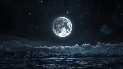 Full moon illuminates dark ocean waves and distant clouds