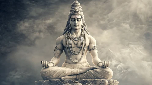 Serene stone deity sculpture in meditative lotus posture.