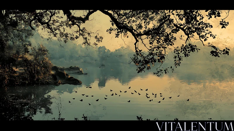 Mist-shrouded forest lake with birds gliding over water.