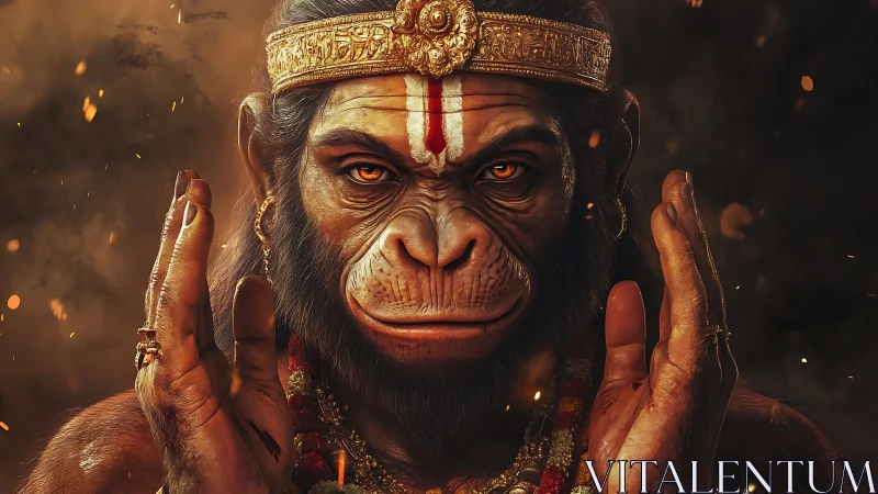 Divine simian warrior gazes forward in fiery devotion