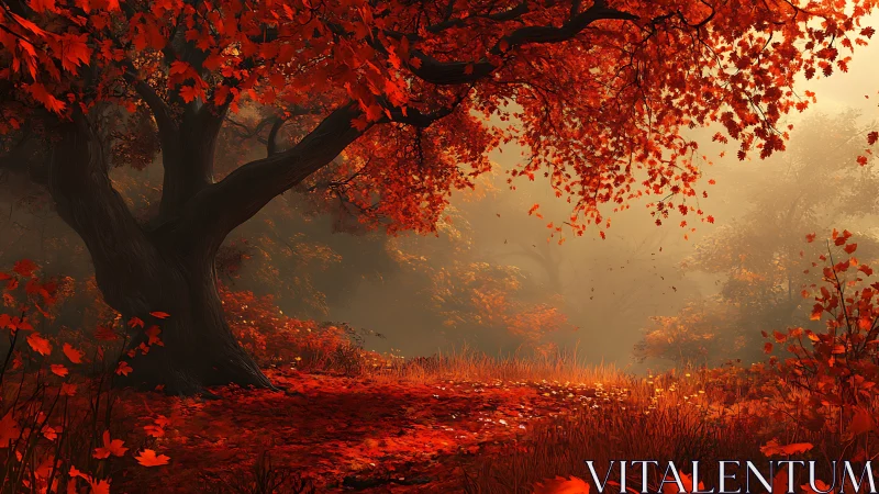 Cinematic autumn forest glade under dense scarlet maple canopy