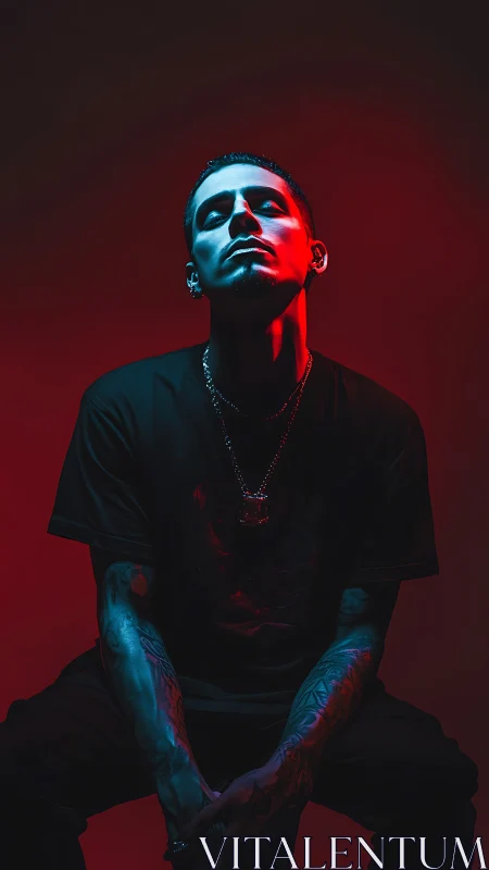 Moody portrait glows with bold red and blue studio light