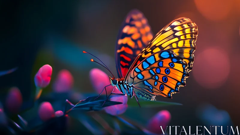 Macro study of neon-illuminated butterfly on buds with shallow DOF