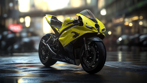 Yellow superbike dominates wet city street at twilight.