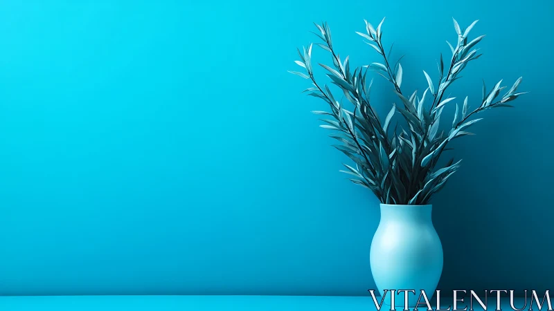 Aqua hush over minimalist vase and sculpted foliage.