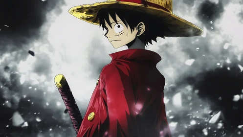 Anime swordsman in red coat against smoky debris field.