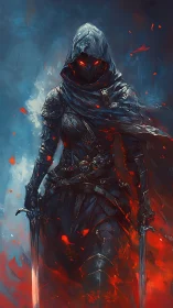 Hooded dual-wield warrior in dark armor with red glow.