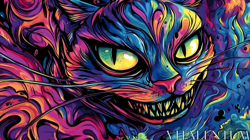 Vivid neon cat portrait with intense eyes and sharp teeth.