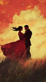 Silhouetted couple in golden field landscape