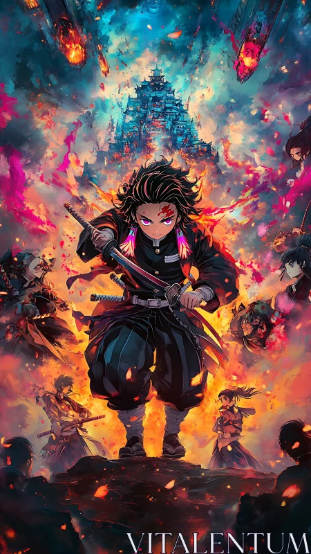 Blade-bright avenger strides through a sky of burning embers.