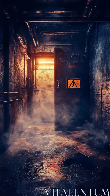 Rusted industrial corridor door glows with ominous backlight.