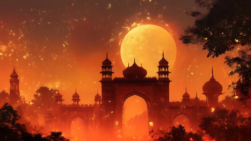 Silhouetted domed gateway before oversized full moon sky.