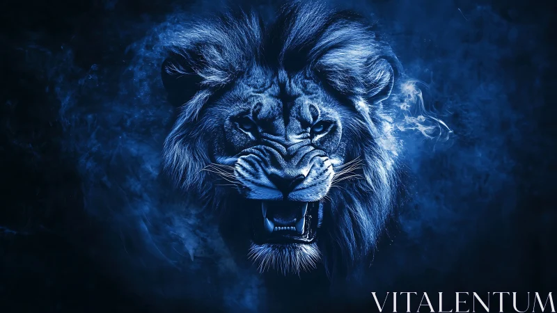 Midnight storm-lion roars from swirling electric blue smoke