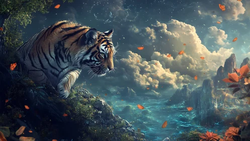 Majestic tiger overlooking surreal luminous ocean valley.
