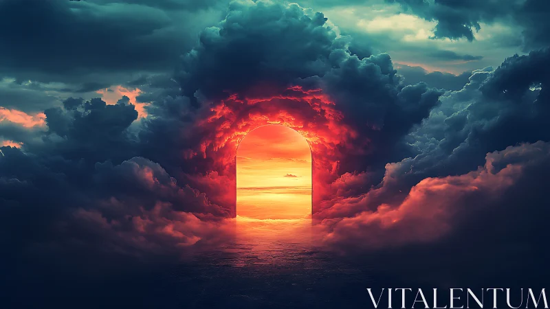 Luminescent horizon portal nested in turbulent cumulonimbus field.