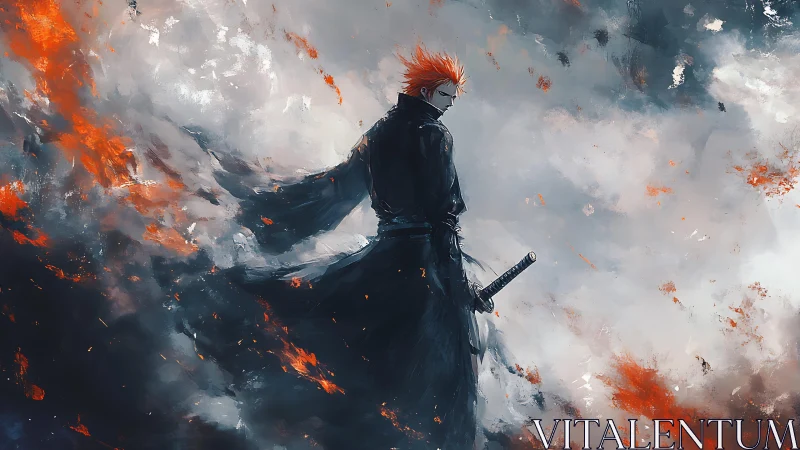 Lone swordsman amid swirling firelit storm clouds.