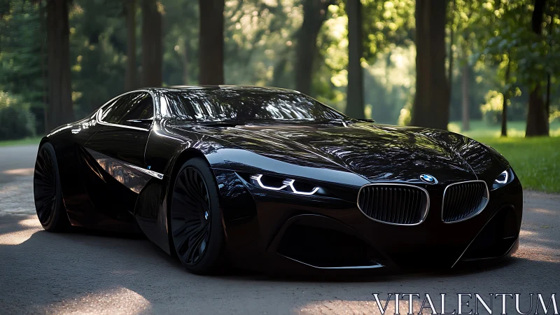 Black BMW concept coupe stands on shaded forest road