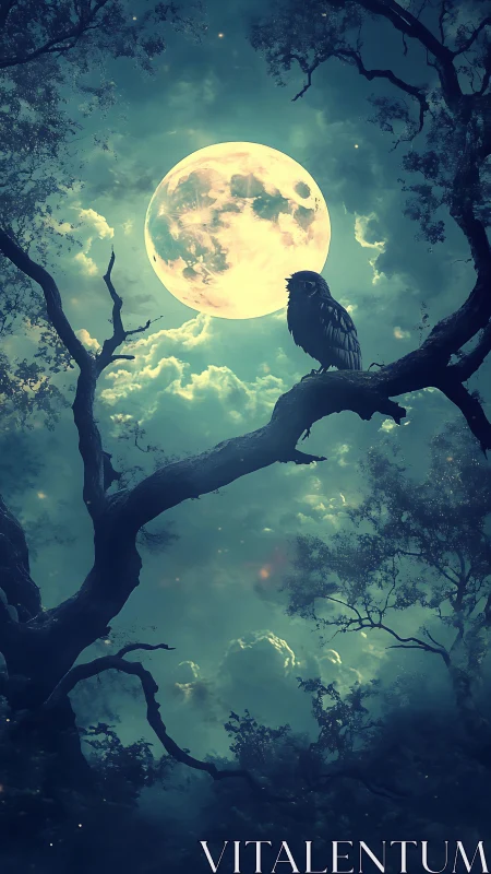 Nocturnal owl silhouette against luminous full moon sky