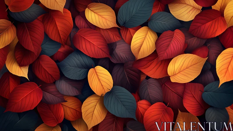 Autumn foliage pattern with layered red, orange, and gold leaves.
