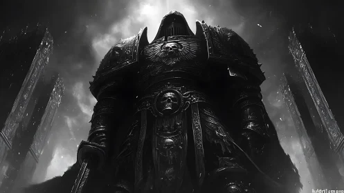 Towering armored knight in gothic black and white scene.