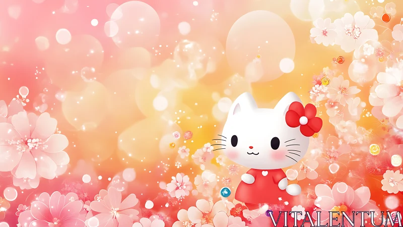 Cute white cat in red dress amid glowing cherry blossoms.