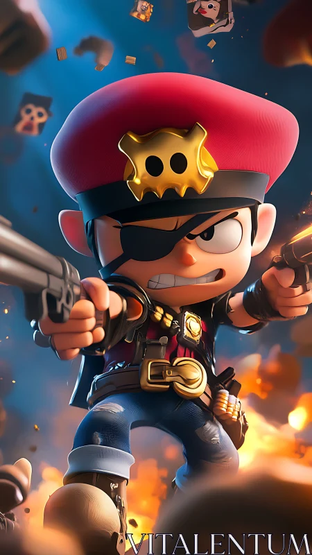 Cartoon pirate gunfighter charges through explosive battle.