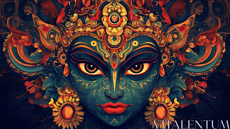 Ornate blue goddess portrait in symmetrical digital painting style.