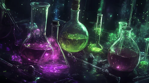 Luminous chemical glassware with glowing volatile reagents on bench