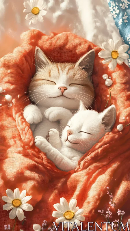 Two Felines Resting on Ornate Orange Fabric Textile.