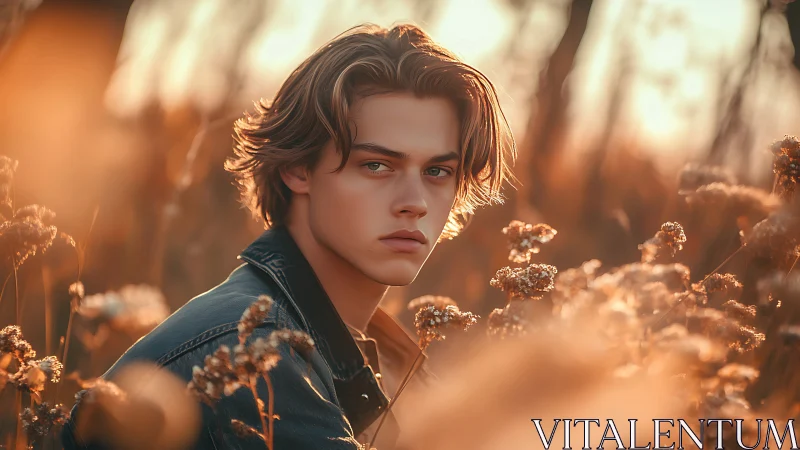 Young person in dry field at sunset with warm backlight.