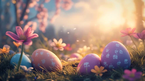 Macro-depth render of patterned Easter eggs in bokeh meadow.