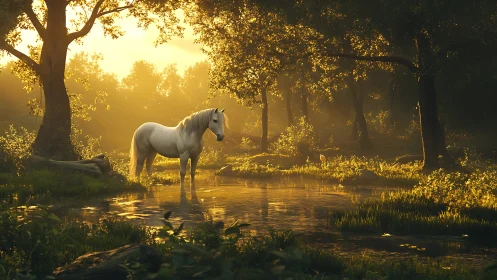 Golden forest pond with a quiet white horse at sunrise.