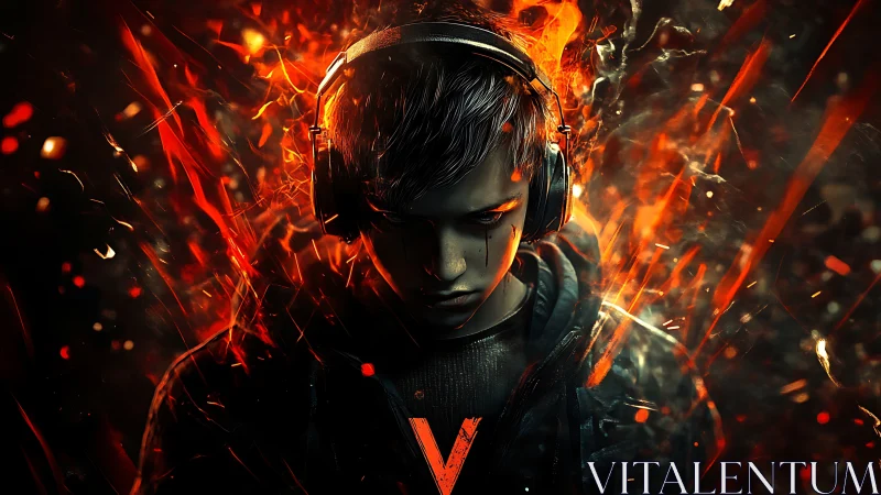 Intense gamer in headphones surrounded by fiery energy.