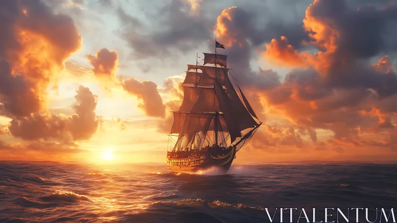 Tall ship sails across glowing ocean at vivid sunset.