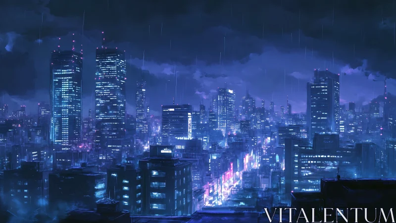 Rain-soaked cyberpunk megacity skyline under neon haze at night