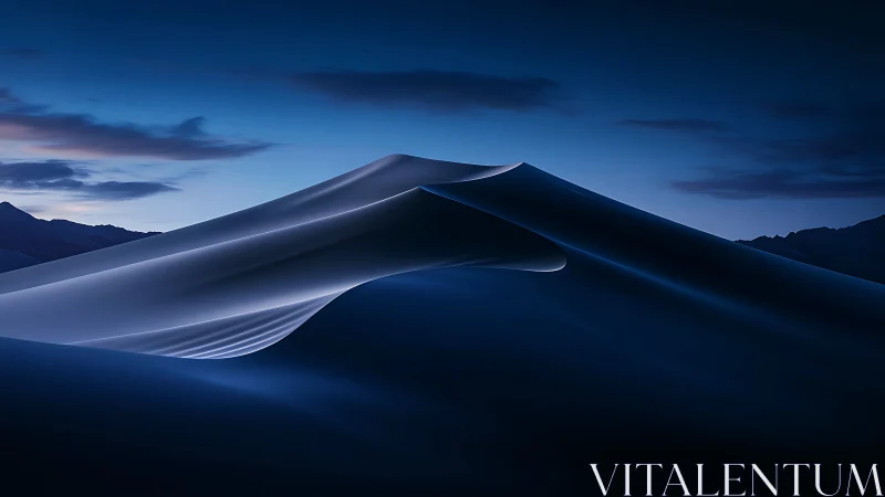 Nocturnal sand dunes curve under gradient blue twilight sky