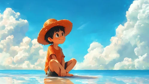 Smiling boy in straw hat sitting on calm beach water.