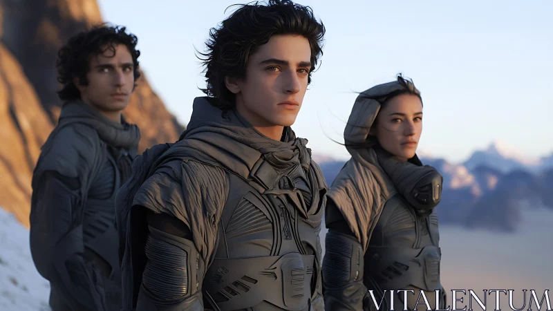 Triad of armored explorers stands in windswept desert basin