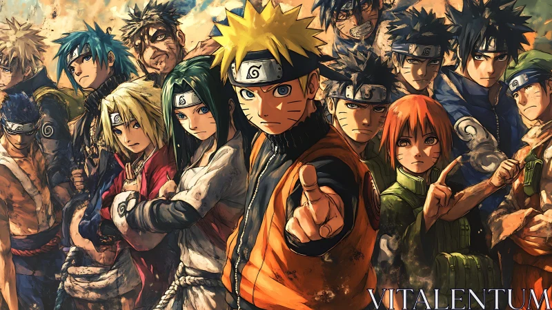 Dynamic ninja lineup in dramatic anime illustration.