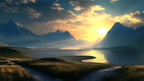 Sunlit mountain lake valley with forked dirt path foreground