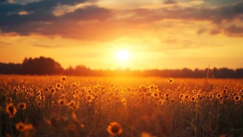 Sunflowers fill a field under low evening sun at horizon