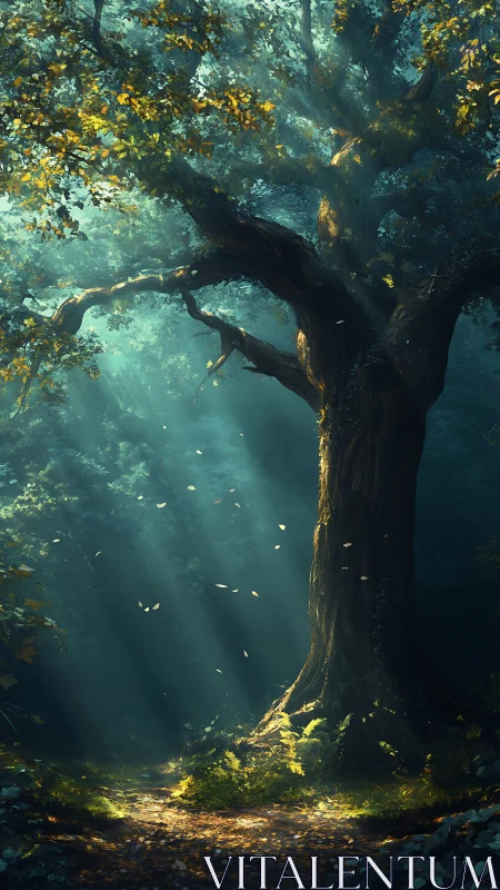 Ancient forest tree catches golden shafts of morning light.