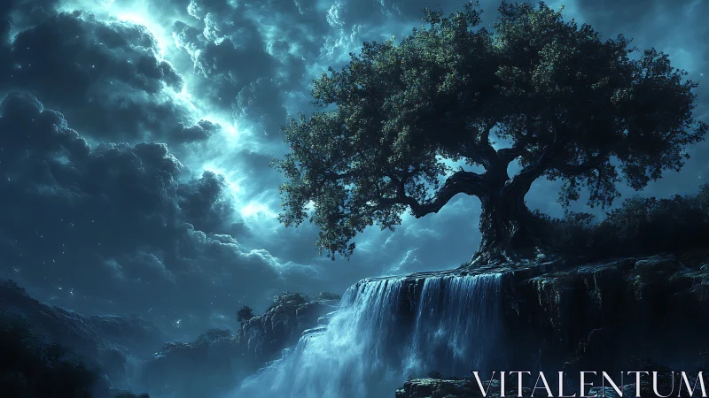 Moonlit guardian tree watches over a shimmering clifffall