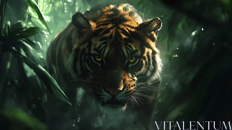 Predatory tiger emerging from misty jungle shadows at dusk.