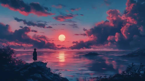 Quiet sunset watcher beside a glowing dreamlike sea.